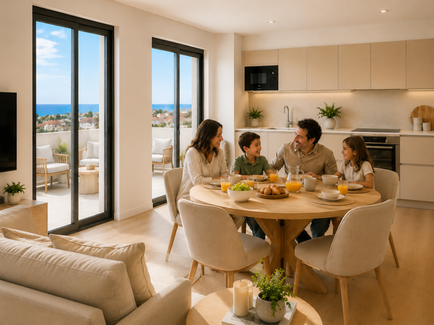 Familia desayunando en el salón-comedor con vistas al mar